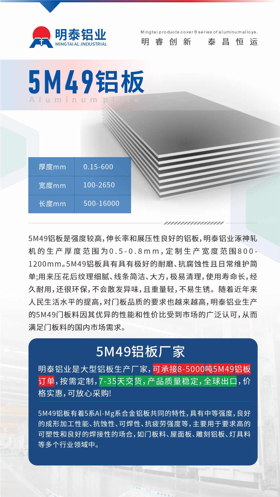 5M49鋁板是強度較高，伸長率和展壓性良好的鋁板，明泰鋁業(yè)涿神軋機的生產(chǎn)厚度范圍為0.5-0.8mm，定制生產(chǎn)寬度范圍800-1200mm。5M49鋁板具有具有極好的耐磨、抗腐蝕性且日常維護簡單;用來壓花后紋理細膩、線條簡潔、大方，極易清理，使用壽命長，經(jīng)久耐用，還很環(huán)保，不會散發(fā)異味，且重量輕，不易生銹。 隨著近年來人民生活水平的提高，對門板品質(zhì)的要求也越來越高，明泰鋁業(yè)生產(chǎn)的5M49門板料因其優(yōu)異的性能和性價比受到市場的廣泛認可，從而滿足門板料的國內(nèi)市場需求。
