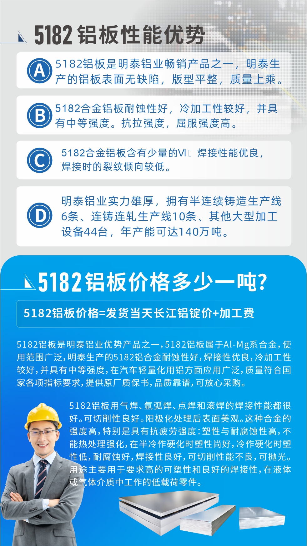 　明泰5182鋁板優勢:1、5182鋁板是明泰鋁業暢銷產品之一，明泰生產的鋁板表面無缺陷，版型平整，質量上乘。
2、5182合金鋁板耐蝕性好，冷加工性較好，并具有中等強度?？估瓘姸龋姸雀?。
3、5182合金鋁板含有少量的Si，焊接性能優良，焊接時的裂紋傾向較低。
4、明泰鋁業實力雄厚，擁有半連續鑄造生產線6條、連鑄連軋生產線10條、其他大型加工設備44臺，年產能可達140萬噸。
5182鋁板是明泰鋁業優勢產品之一，5182鋁板屬于Al-Mg系合金，使用范圍廣泛，明泰生產的5182鋁合金耐蝕性好，焊接性優良，冷加工性較好，并具有中等強度，在汽車輕量化用鋁方面應用廣泛，質量符合國家各項指標要求，提供原廠質保書，品質靠譜，可放心采購。
5182鋁板用氣焊、氬弧焊、點焊和滾焊的焊接性能都很好。可切削性良好。陽極化處理后表面美觀。這種合金的強度高，特別是具有抗疲勞強度：塑性與耐腐蝕性高，不能熱處理強化，，在半冷作硬化時塑性尚好，冷作硬化時塑性低，耐腐蝕好，焊接性良好，可切削性能不良，可拋光。用途主要用于要求高的可塑性和良好的焊接性，在液體或氣體介質中工作的低載荷零件。
化學成分:含鋁(Al) 余量
鋅(Zn)≤0.25;鉻(Cr)≤0.10;硅(Si)≤0.20;鐵(Fe)0.000～0.350;錳(Mn)0.20～0.50;鎂(Mg)4.0～5.0;鈦(Ti)≤0.10;銅(Cu)≤0.15
力學性能:抗拉強度 σb (MPa)：≥175;條件屈服強度 σ0.2 (MPa)：≥80;伸長率 δ5 (%)：≥15
注 ：管材室溫力學性能;試樣尺寸：所有壁厚
