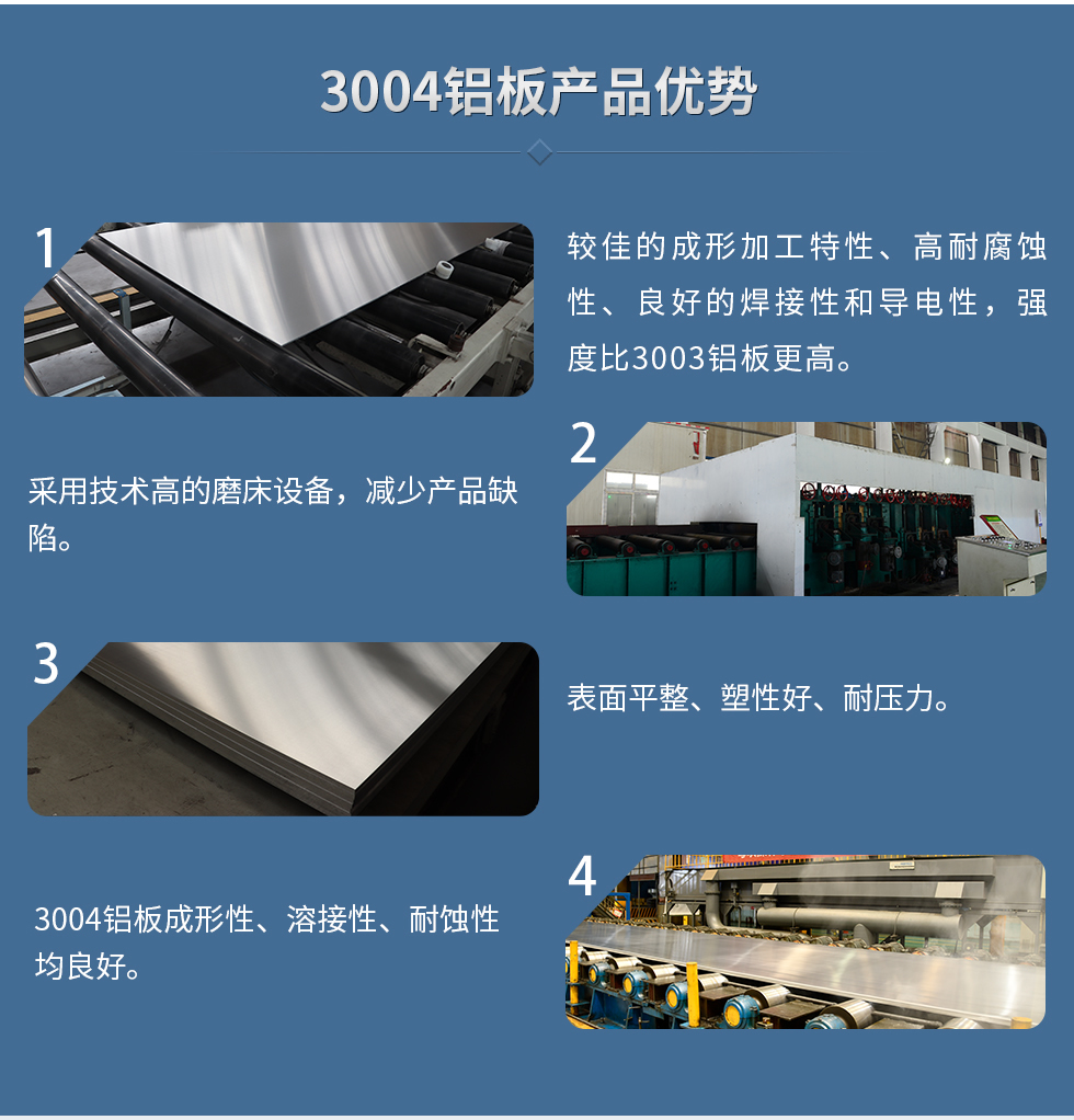 3004鋁板產(chǎn)品優(yōu)勢
　　1、較佳的成形加工特性、高耐腐蝕性、良好的焊接性和導(dǎo)電性，強度比3003鋁板更高。
　　2、采用技術(shù)高的磨床設(shè)備，減少產(chǎn)品缺陷。
　　3、表面平整、塑性好、耐壓力。
　　明泰3004鋁板優(yōu)勢
　　1、3004鋁板成形性、溶接性、耐蝕性均良好。
　　2、好的成形加工特性、高耐腐蝕性、良好的焊接性和導(dǎo)電性，強度比3003鋁板更高。
　　3、3004鋁板表面平整、塑性好、耐壓力;
　　4、采用國際先進的磨床設(shè)備，減少產(chǎn)品缺陷。